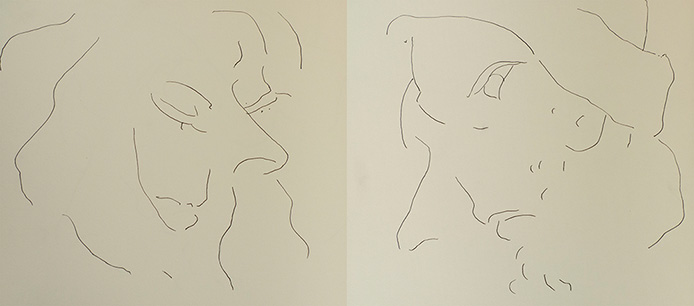 Robert Spellman ink line drawings of faces in motion.
